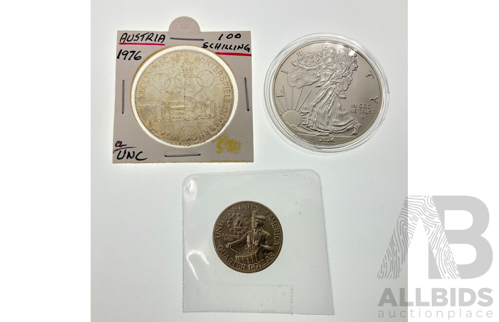 Austrian 1976 Silver One Hundred Schilling .640, USA 2024 Silver One Dollar .999, 1976 Quarter, Bicentennial