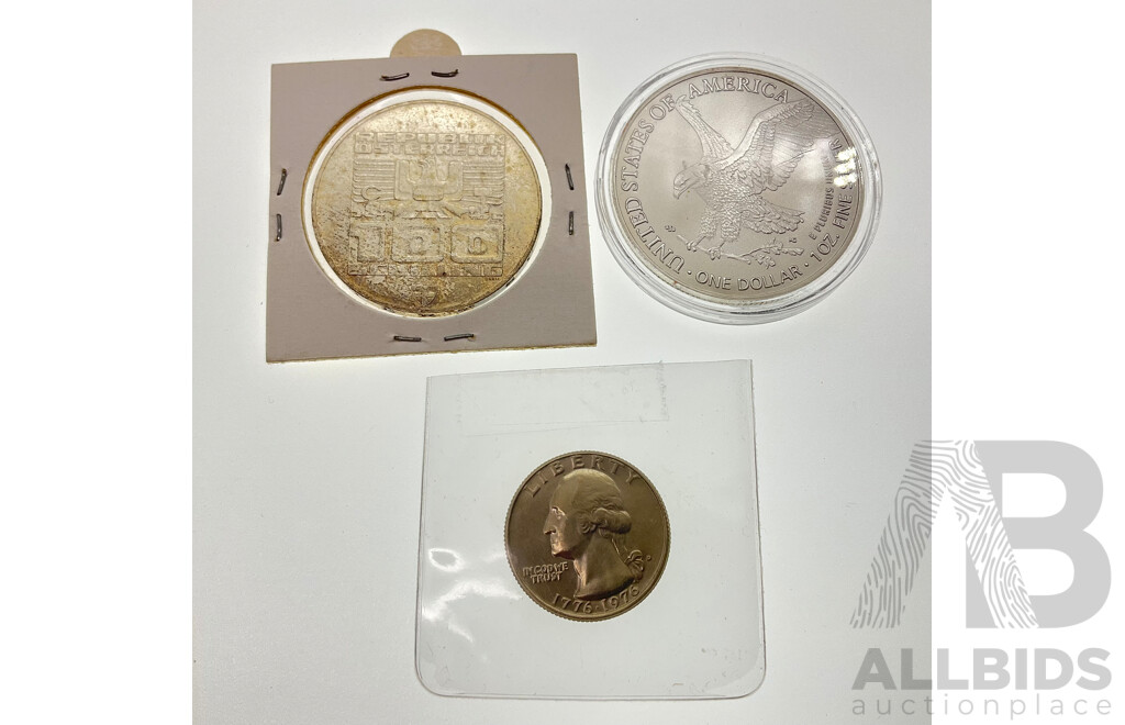 Austrian 1976 Silver One Hundred Schilling .640, USA 2024 Silver One Dollar .999, 1976 Quarter, Bicentennial