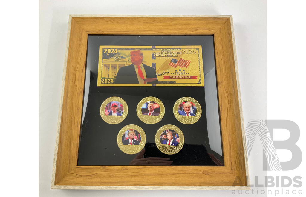 Donald J Trump 2024 Framed Tribute Medallions and Note