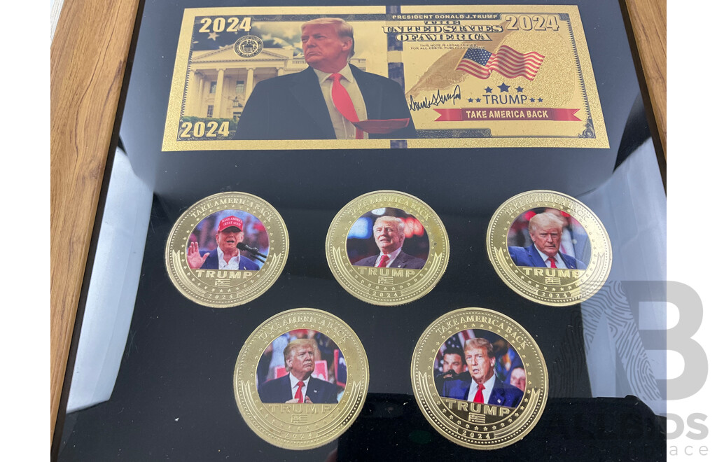 Donald J Trump 2024 Framed Tribute Medallions and Note