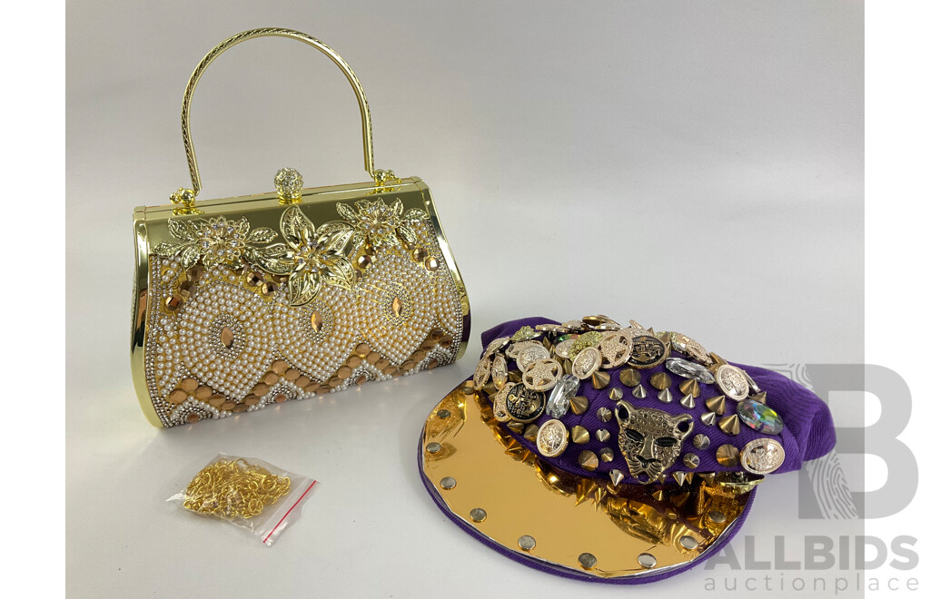 Hard Case Gold Tone Handbag Adorned with Faux Diamond and Pearls with Purple and Gold Hat with Studs and Badges