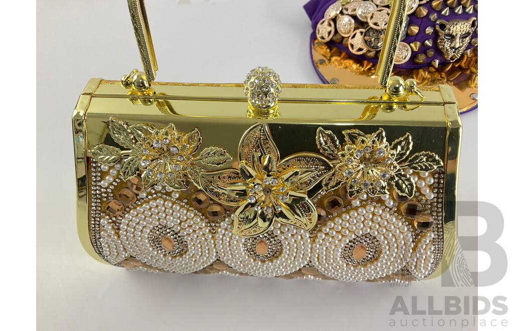 Hard Case Gold Tone Handbag Adorned with Faux Diamond and Pearls with Purple and Gold Hat with Studs and Badges