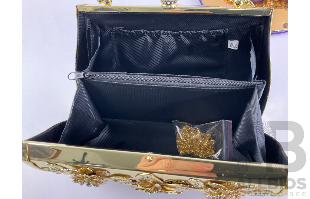 Hard Case Gold Tone Handbag Adorned with Faux Diamond and Pearls with Purple and Gold Hat with Studs and Badges
