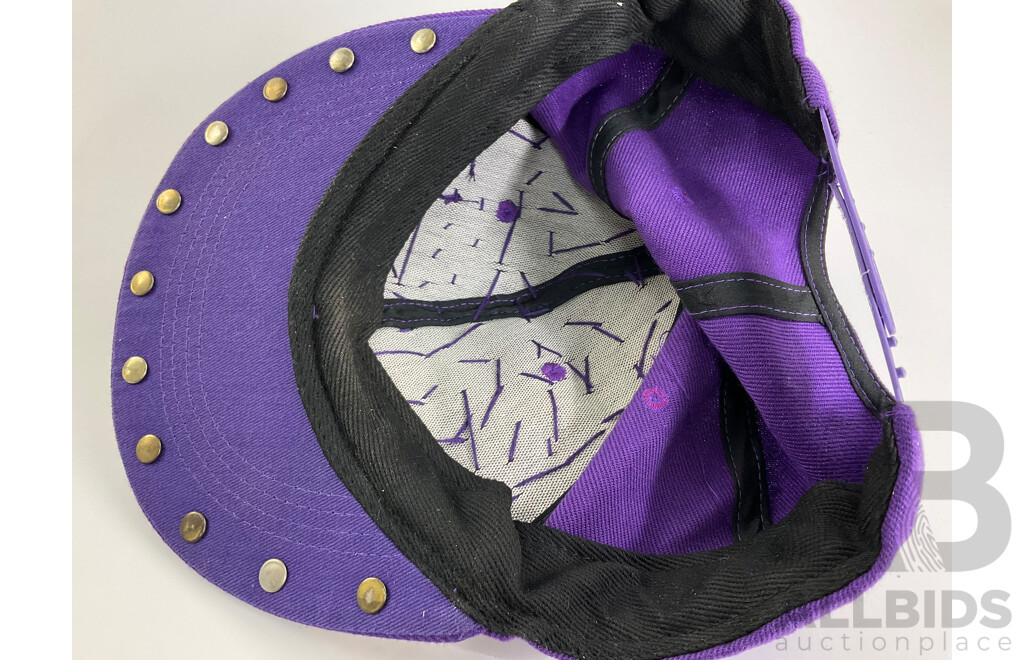Hard Case Gold Tone Handbag Adorned with Faux Diamond and Pearls with Purple and Gold Hat with Studs and Badges