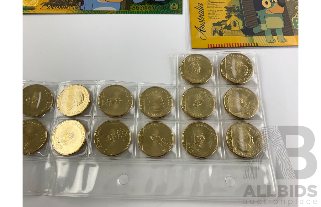 Twenty Australian 2024 One Dollar 'Bluey Bucks' with Novelty Bluey One Hundred and Fifty Dollar Notes and Bluey Tote Bag