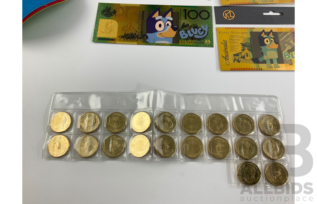 Twenty Australian 2024 One Dollar 'Bluey Bucks' with Novelty Bluey One Hundred and Fifty Dollar Notes and Bluey Tote Bag