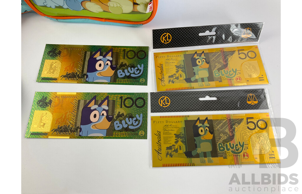 Twenty Australian 2024 One Dollar 'Bluey Bucks' with Novelty Bluey One Hundred and Fifty Dollar Notes and Bluey Tote Bag
