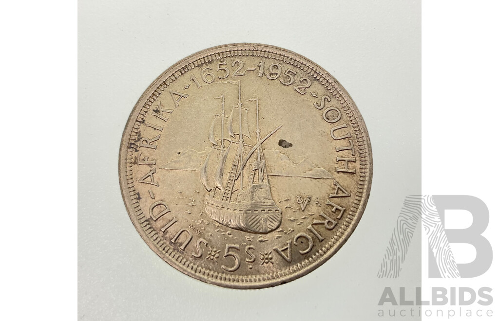 South Africa 1952 Silver Five Shillings Coin, 300th Capetown Anniversary .500