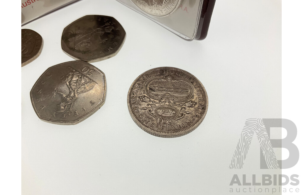 Australian 1982 Silver Ten Dollar Coin Commonwealth Games, 1927 KGV Silver Florin Canberra Commemorative, United Kingdom 1997 Fifty Pence, 1996/98 Twenty Pence