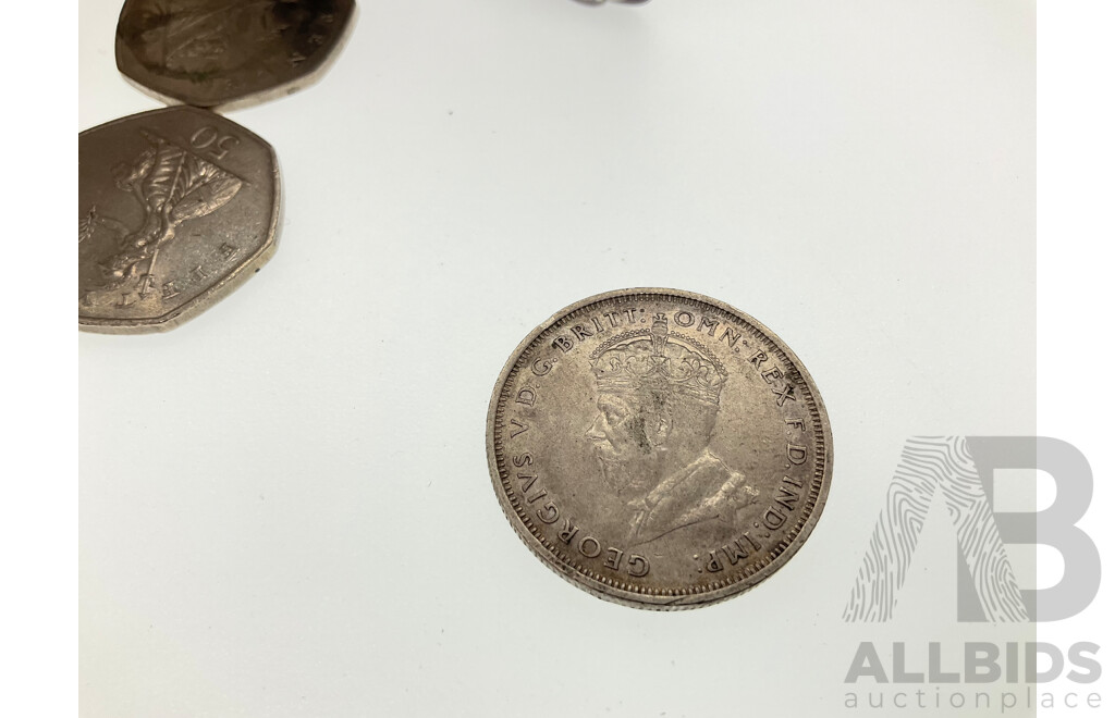 Australian 1982 Silver Ten Dollar Coin Commonwealth Games, 1927 KGV Silver Florin Canberra Commemorative, United Kingdom 1997 Fifty Pence, 1996/98 Twenty Pence