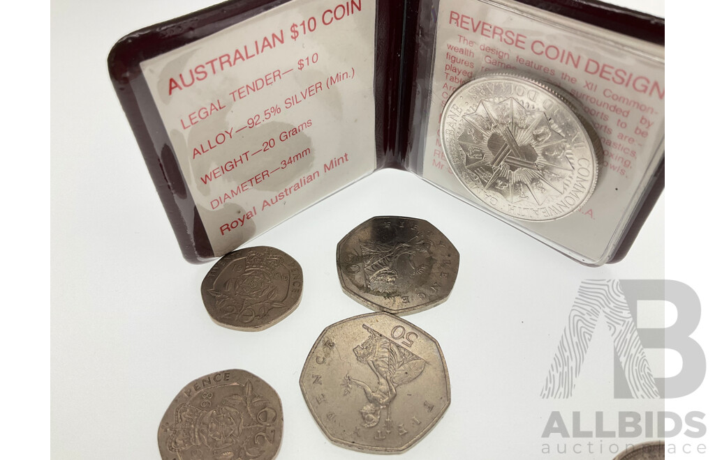 Australian 1982 Silver Ten Dollar Coin Commonwealth Games, 1927 KGV Silver Florin Canberra Commemorative, United Kingdom 1997 Fifty Pence, 1996/98 Twenty Pence