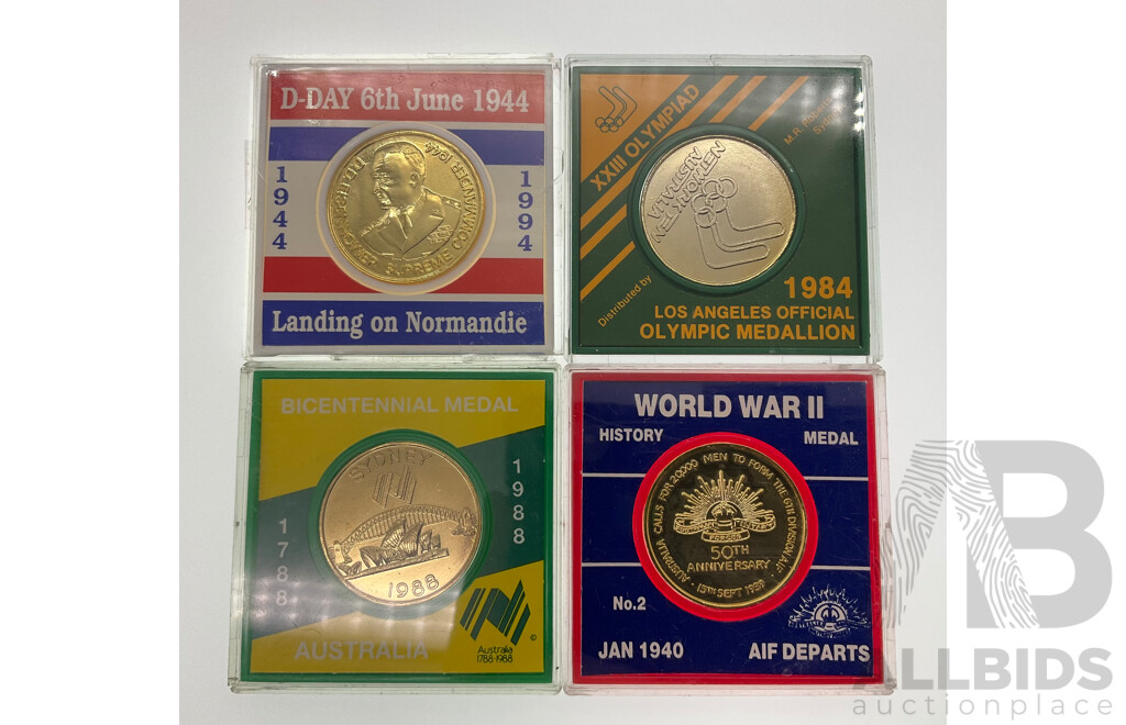 Australian Commemorative Medallions Including 1984 LA Olympics, 1988 Bicentennial, 1994 D-Day Anniversary, 1990 WW2 AIF Departs 50th Anniversary