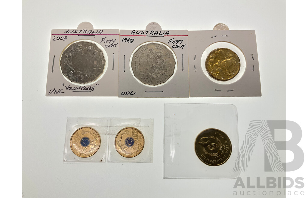 Australian Commemorative Coins Including 2025 Two Dollars Australian Open, 1986 One Dollar Year of Peace, Fifty Cents 1988 Bicentennial and 2003 Volunteers