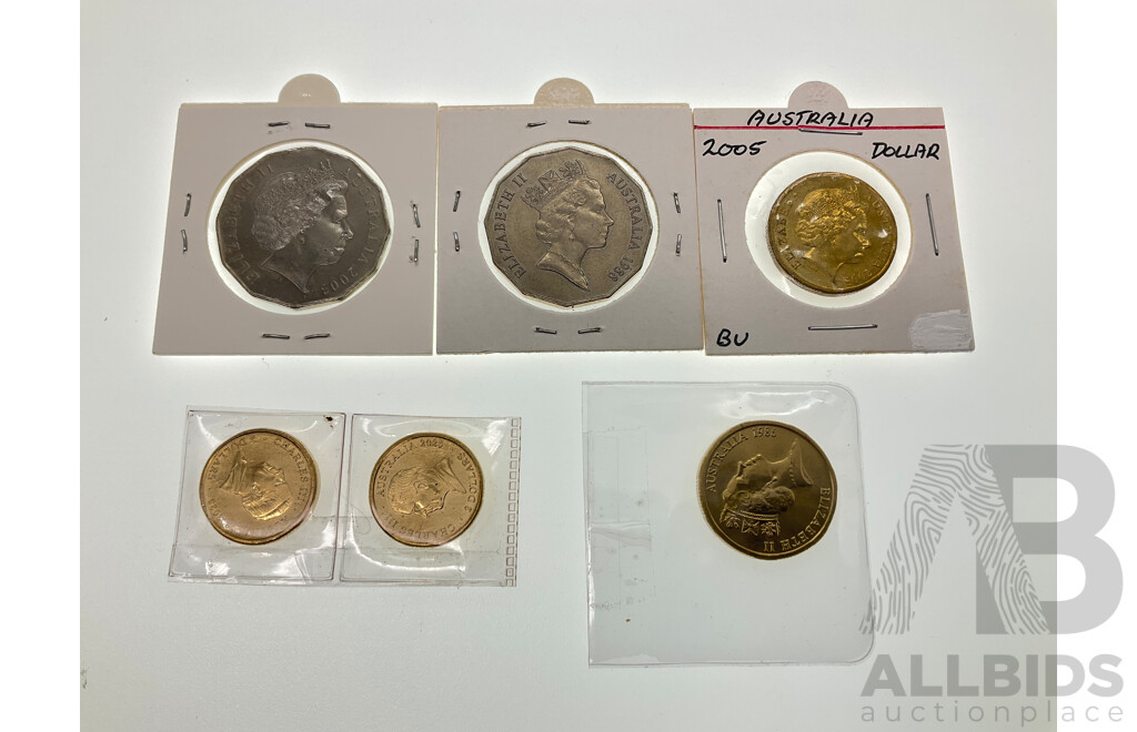Australian Commemorative Coins Including 2025 Two Dollars Australian Open, 1986 One Dollar Year of Peace, Fifty Cents 1988 Bicentennial and 2003 Volunteers