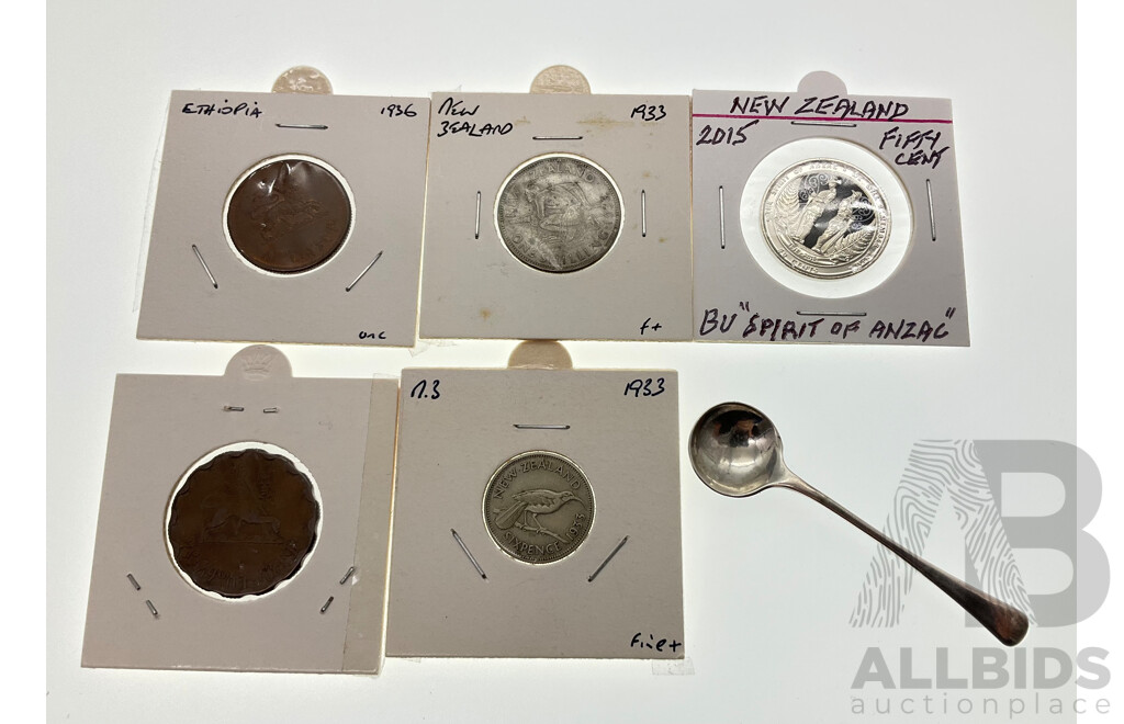 Ethiopian 1936 Ten Santeem Coin, New Zealand 2015 Fifty Cent Spirit of ANZAC, 1933 Silver Shilling and Sixpence with Silver Birmingham Mustard Spoon