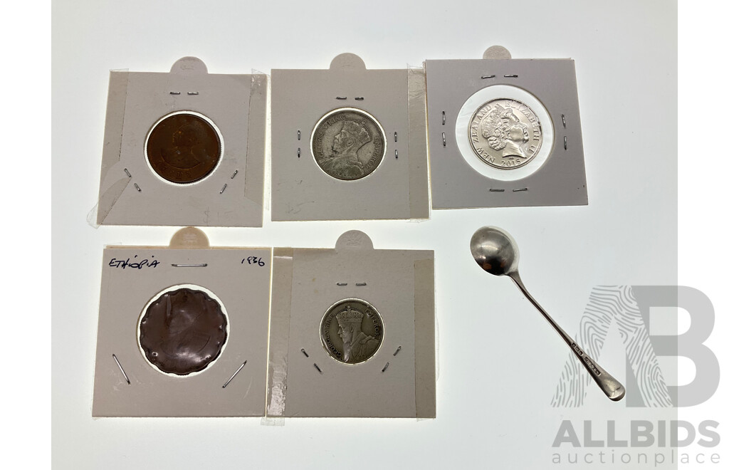 Ethiopian 1936 Ten Santeem Coin, New Zealand 2015 Fifty Cent Spirit of ANZAC, 1933 Silver Shilling and Sixpence with Silver Birmingham Mustard Spoon
