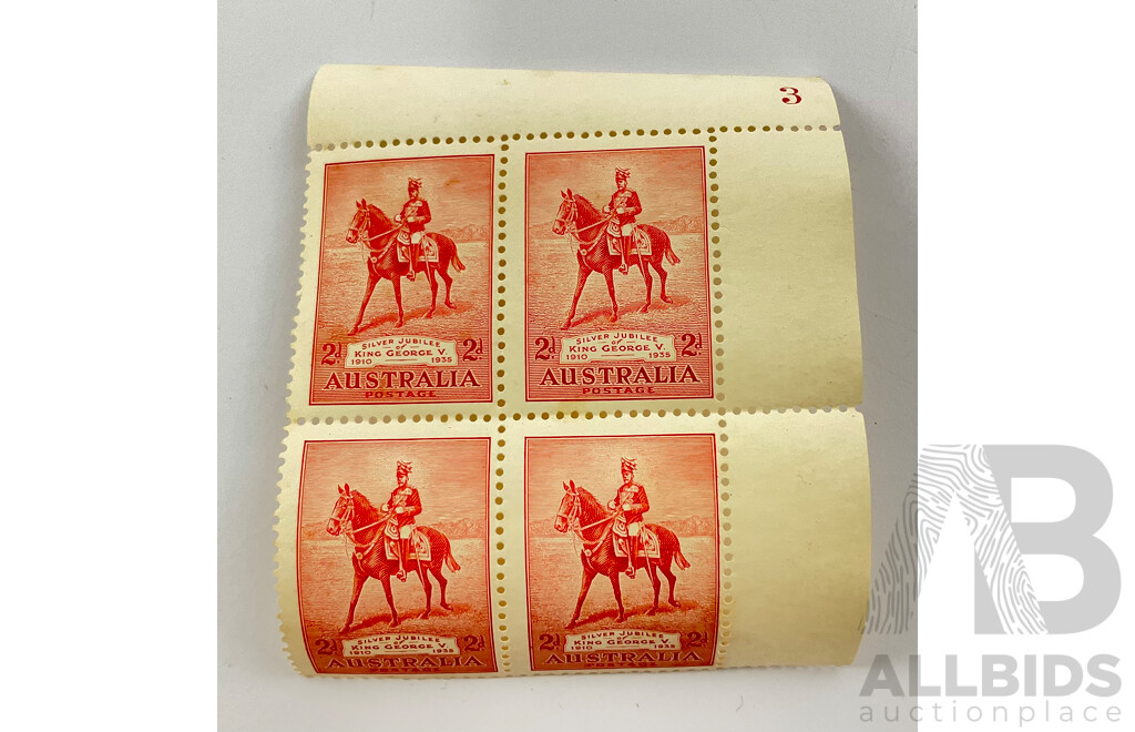 Australian 1935 KGV Mint Stamp Block, Two Penny, Silver Jubilee, Plate Three, C of A Water Mark