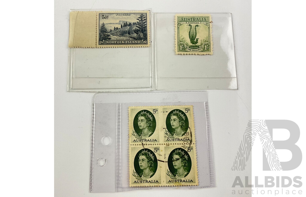 Australian 1963 QE2, 5d Stamp Block, 1932 Lyrebird One Shilling, Norfolk Island 1947 Mint 5 1/2d