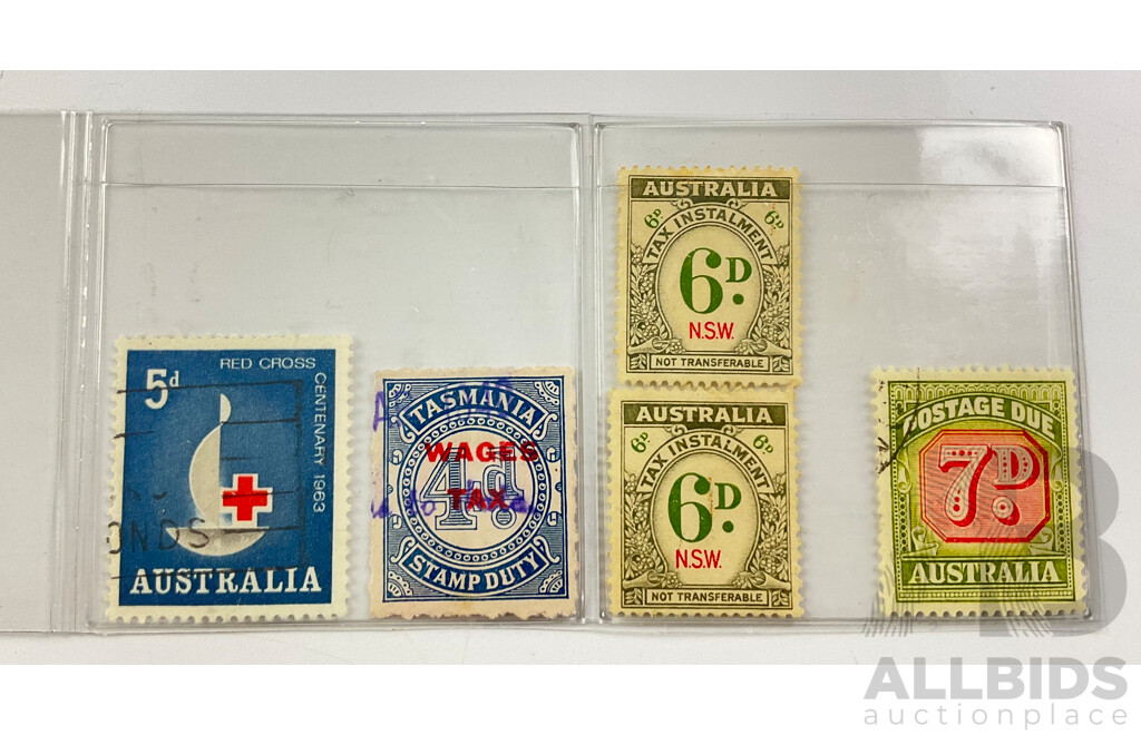 Australian Predecimal Stamps Including Tasmania Stamp Duty/Wage Tax, NSW Tax Installment, Postage Due 7d and 1963 Red Cross