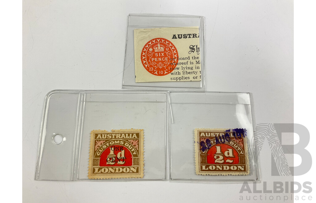 Australian/London Customs Duty Stamps Including One Cent Overprint, UK Embossed Revenue Label