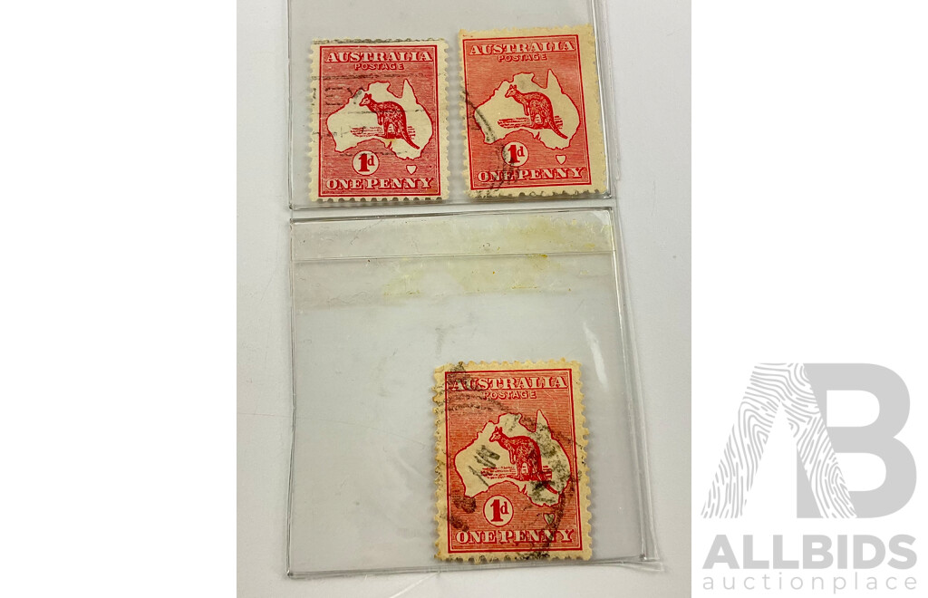 Australian 1913 Red Kangaroo on Map Stamps, One Penny