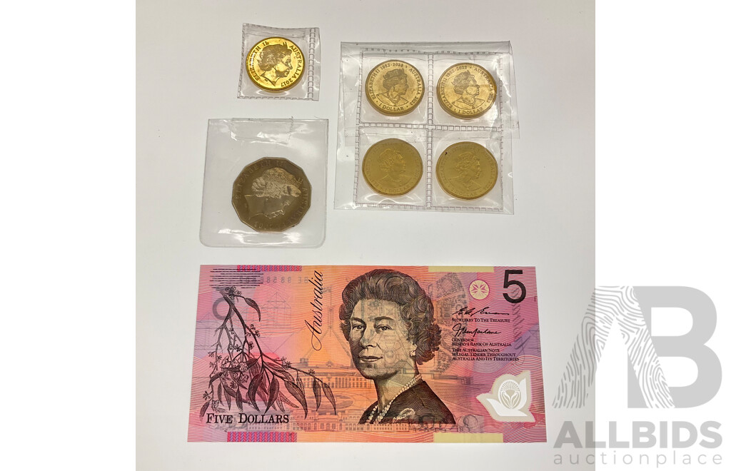 Australian 1998 Five Dollar Note Macfarlane/Evans, Commemorative One Dollar Coins 2023/2024 AFLW/AFL, 2017 One Hundred Years of ANZAC 2003 Fifty Cent Volunteers