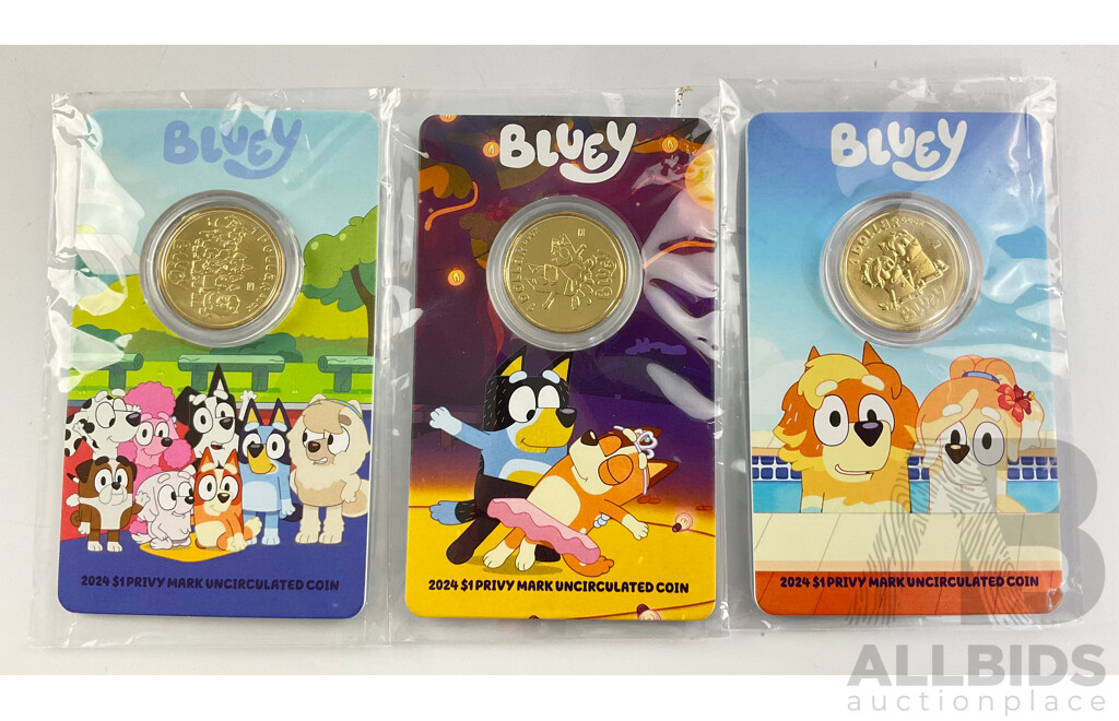 Three Australian RAM 2024 One Dollar 'Bluey Bucks' with Privy Marks
