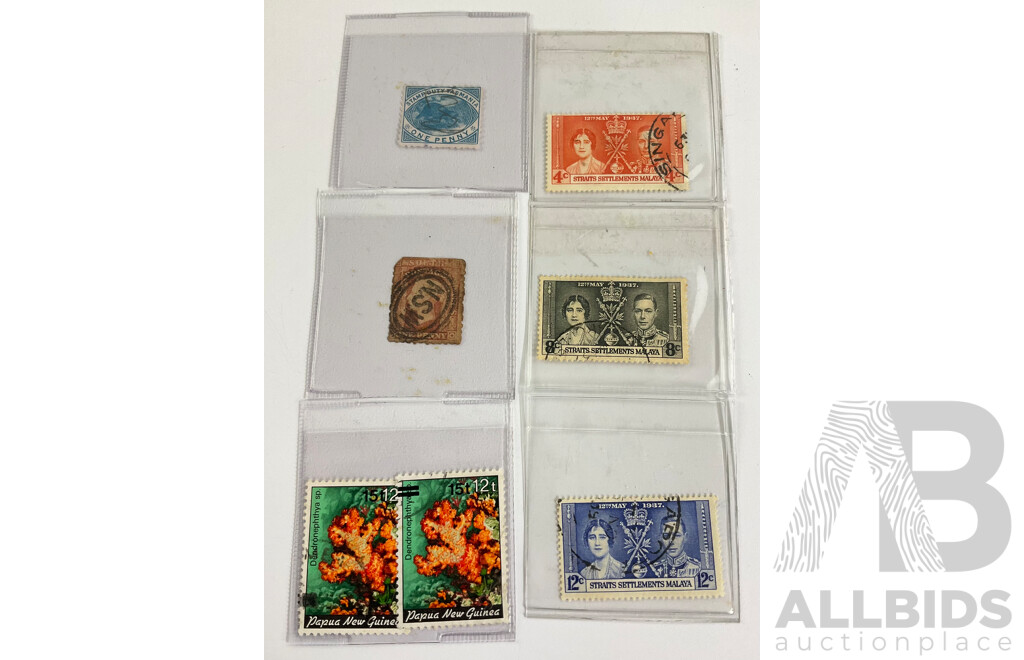 Australian Tasmania Stamp Duty One Penny Stamp,  New South Wales QV,  Straits Settlements 1937 Coronation Stamps, PNG Overprint Stamps