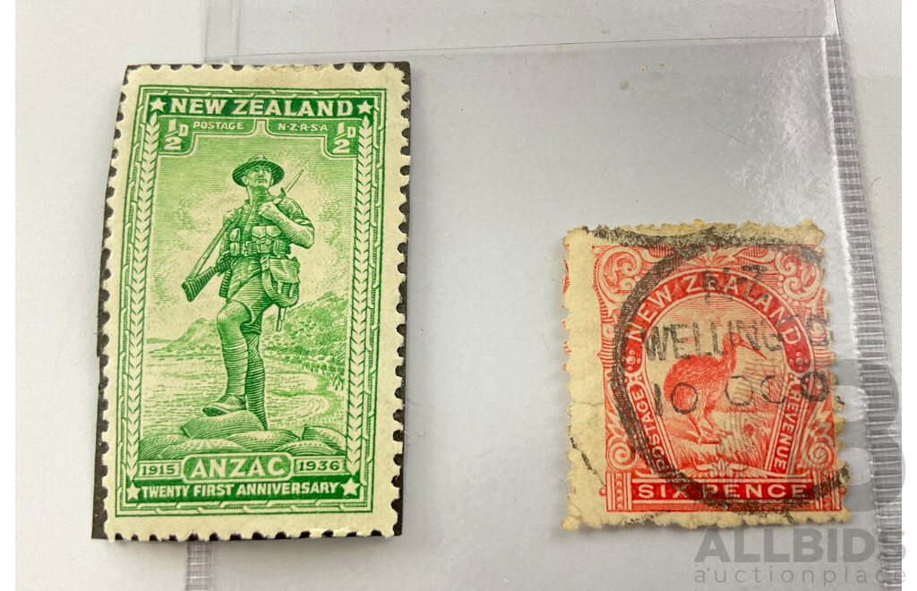 New Zealand 1906 Kiwi Six Penny Stamp, 1936 ANZAC 25 Year Anniversary Half Penny