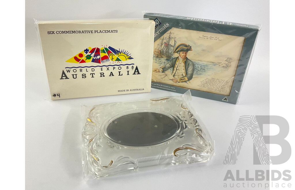 Australian Expo 1988 and Captain Cook Place Mats with Glass/Gilded Picture Frame