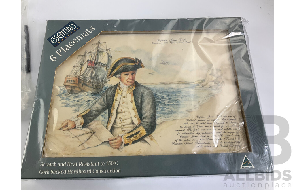 Australian Expo 1988 and Captain Cook Place Mats with Glass/Gilded Picture Frame