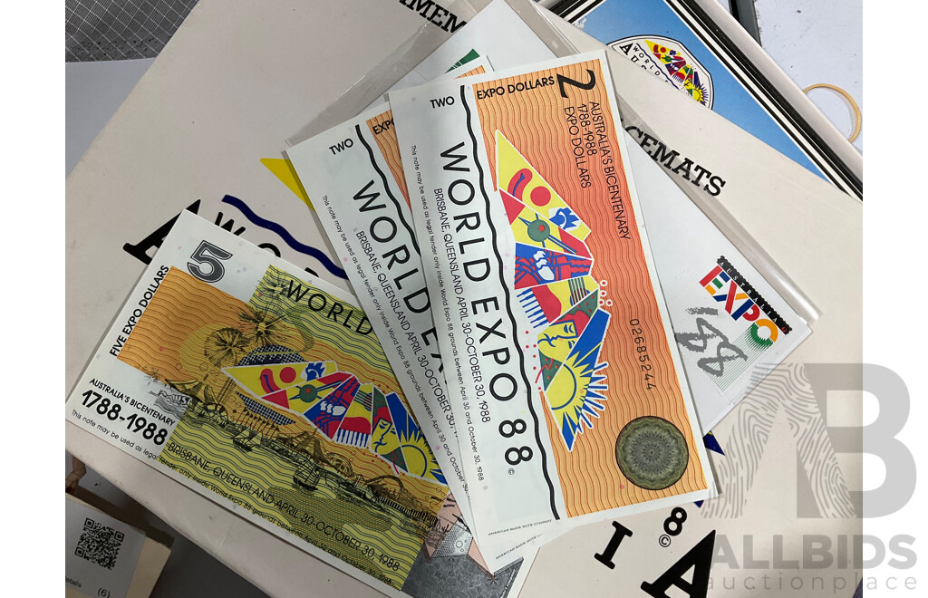 Australian Explorer and Expo 1988 Place Mats, Expo Dollars and FDC with Glass/Gilded Picture Frame