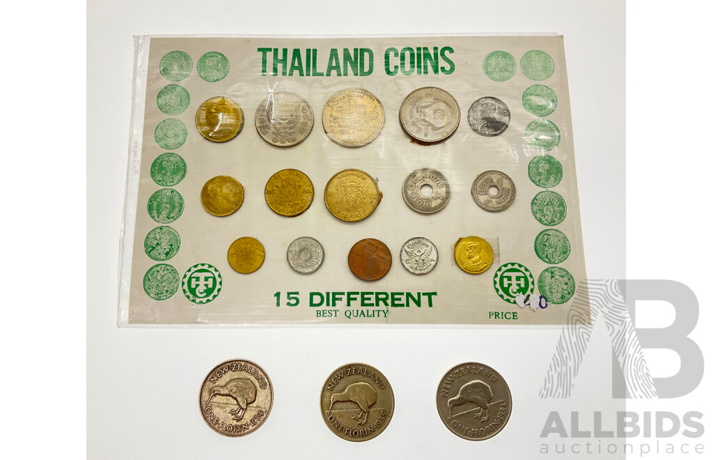 Three New Zealand Silver Florins 1934(2) 1935 with Thailand Fifteen Coin Set