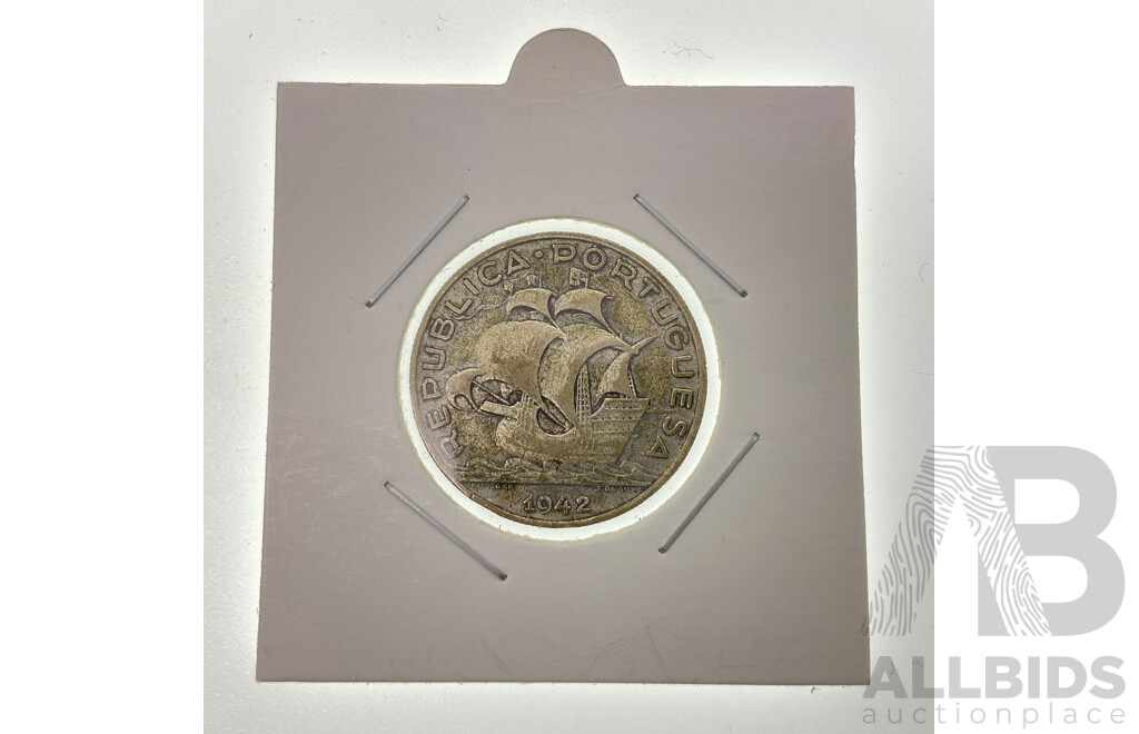 Portugal 1942 Silver Five Escudos Coin .650