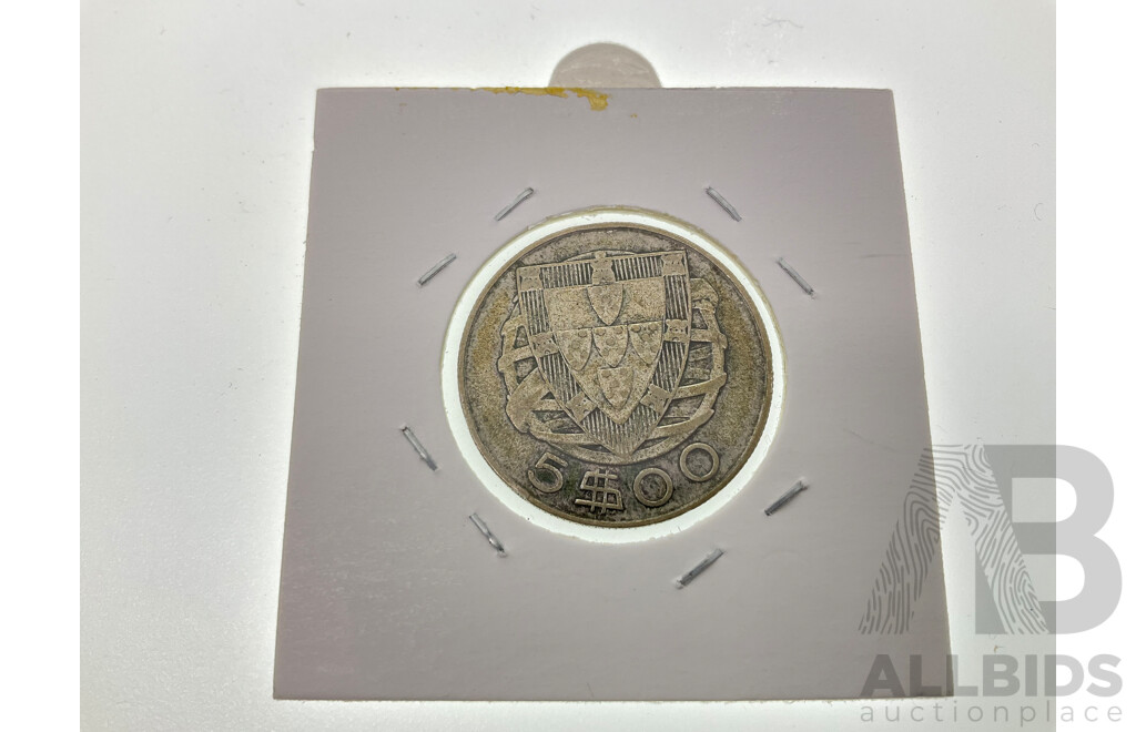 Portugal 1942 Silver Five Escudos Coin .650