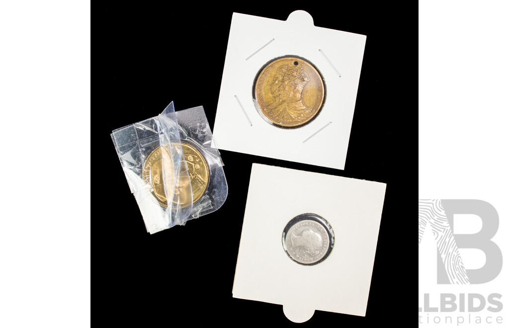 United Kingdom 1854 Silver Four Pence Coin, KGV Coronation Medal, Australian 1999 UNC One Dollar, Last ANZACS 'C' Mint Mark