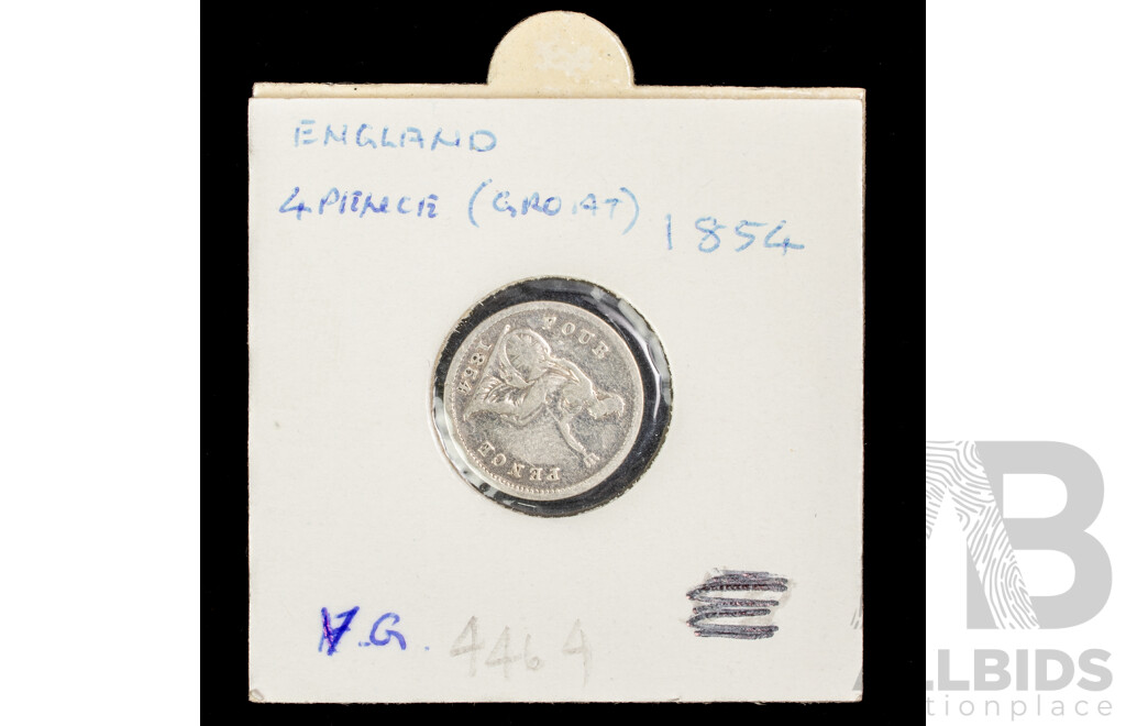 United Kingdom 1854 Silver Four Pence Coin, KGV Coronation Medal, Australian 1999 UNC One Dollar, Last ANZACS 'C' Mint Mark