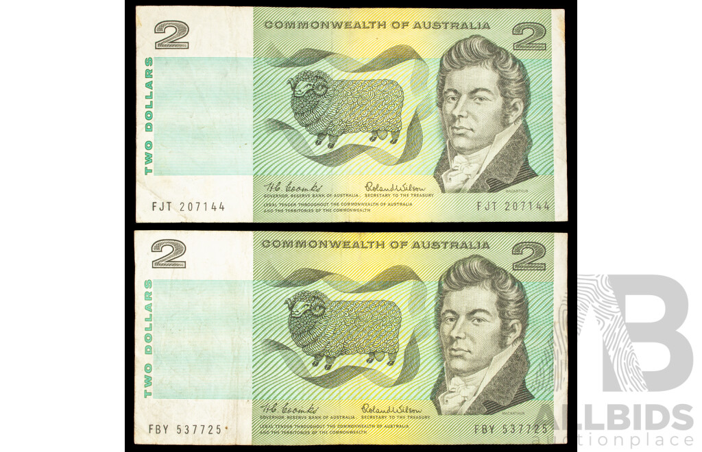 Two Australian 1966 Two Dollar Notes, Coombs/Wilson R81, FBY, FJT
