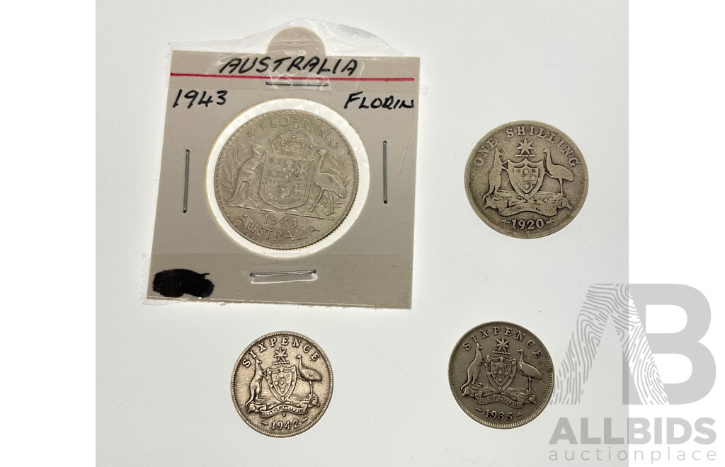 Australian Predecimal Silver Coins Including 1943 Florin, 1920 Shilling, Sixpences 1935 and 1942 Denver Mint