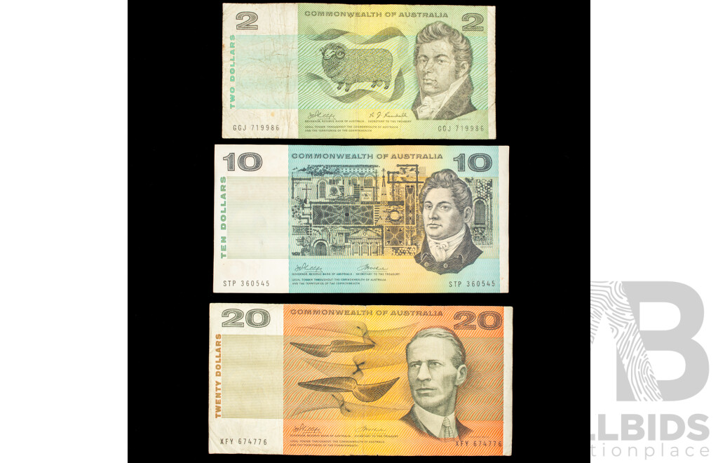 Three Australian 1968 COA Bank Notes, Phillips/Randall Two Dollar R83, Ten Dollar R304, Twenty Dollar R404