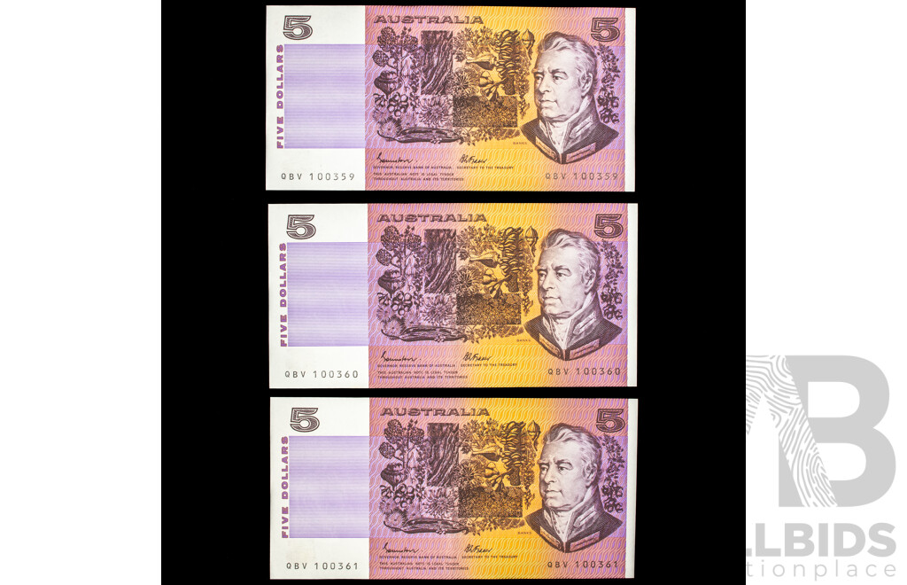 Three Australian 1985 Five Dollar Notes, Johnston/Fraser Consecutive QBV 100359 - QBV 100361