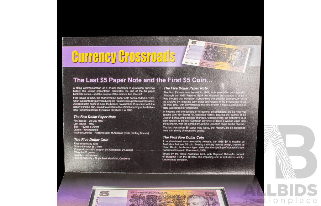 Australian Last Five Dollar Note/First Five Dollar Coin Limited Edition Pack, Fraser/Cole QNZ 675766