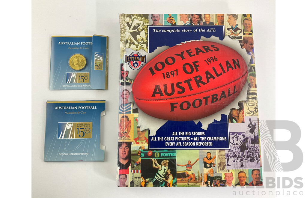 One Hundred Years of Australian Football Book with Perth Mint One Dollar, Australian Football 150 Years