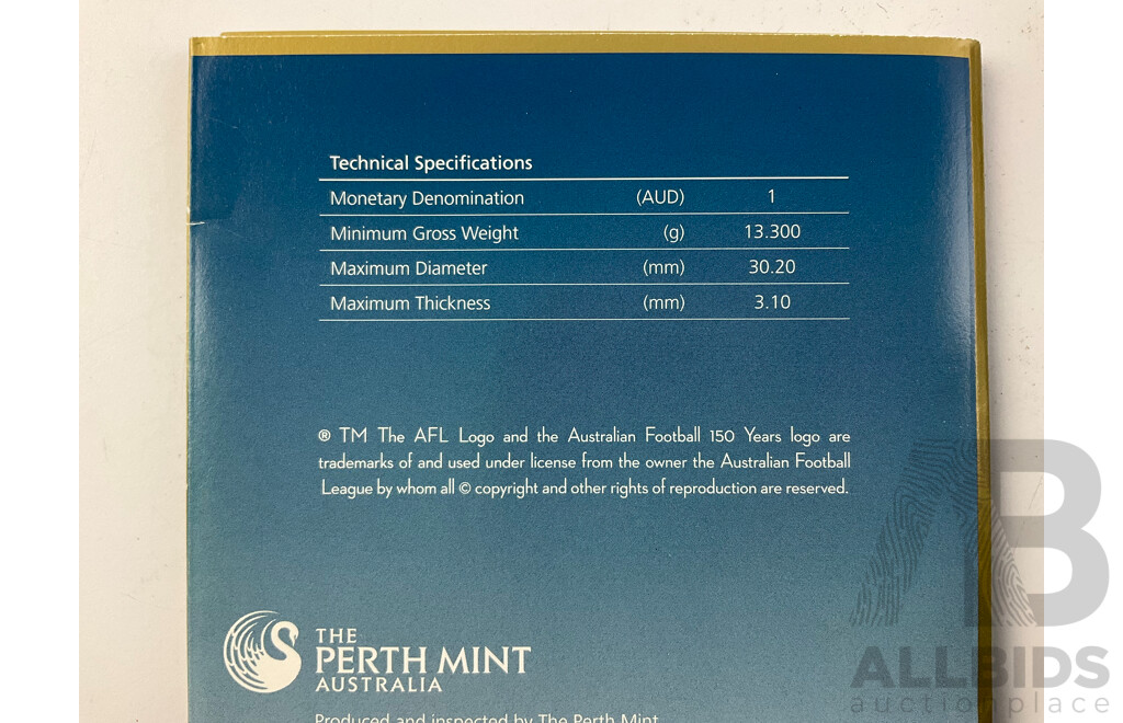 One Hundred Years of Australian Football Book with Perth Mint One Dollar, Australian Football 150 Years