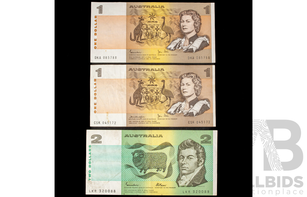 Australian One Dollar Notes Including 1979 Knight/Stone R77 CSK, 1982 Johnston/Stone R78 DKA, 1985 Two Dollar Johnston/Fraser R89 LKR