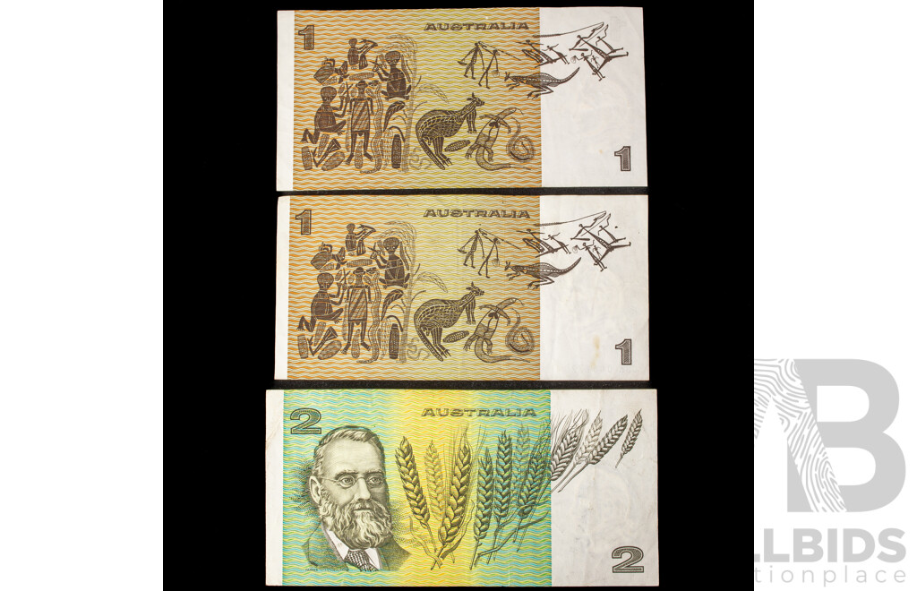 Australian One Dollar Notes Including 1979 Knight/Stone R77 CSK, 1982 Johnston/Stone R78 DKA, 1985 Two Dollar Johnston/Fraser R89 LKR