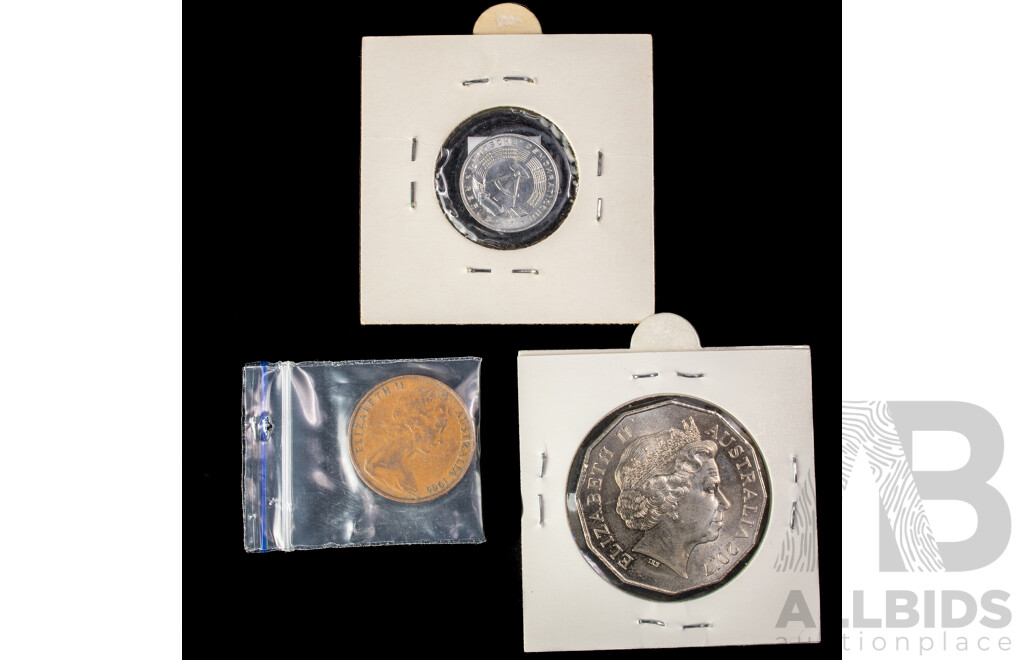 Australian 1966 Two Cent,  2017 UNC Fifty Cent Mabo, East Germany 1968 One Pfennig
