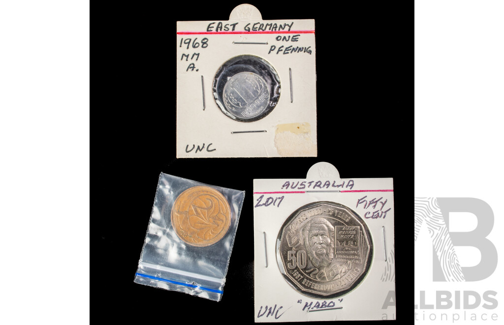 Australian 1966 Two Cent,  2017 UNC Fifty Cent Mabo, East Germany 1968 One Pfennig
