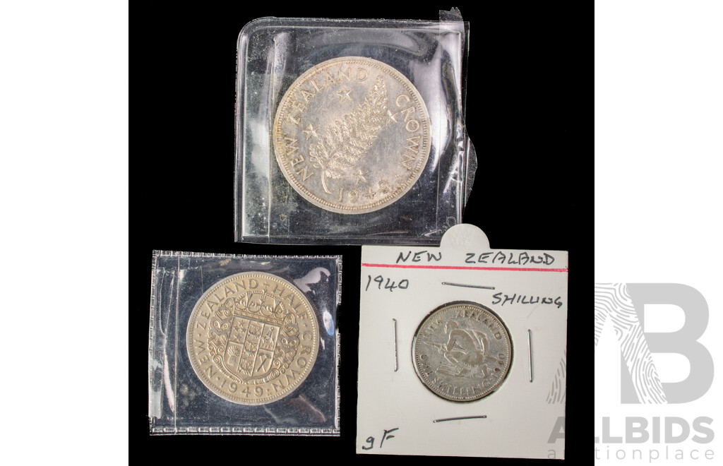 New Zealand 1949 Silver One Crown Commemorative, 1949 Half Crown, 1940 Silver Shilling