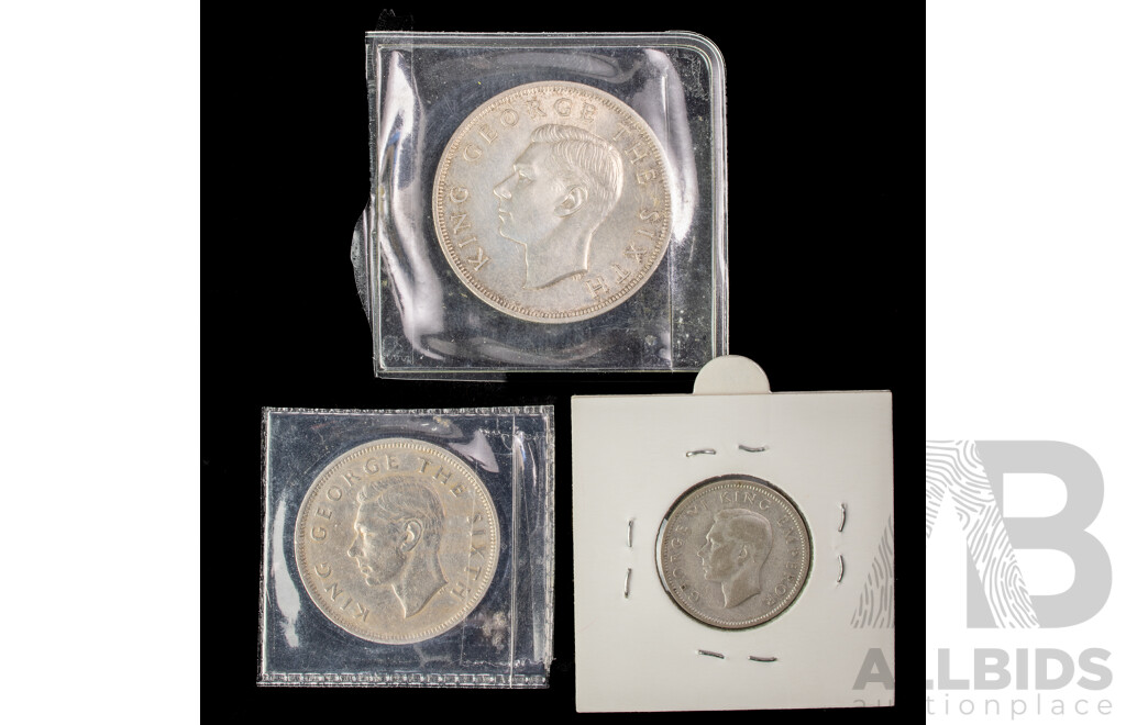 New Zealand 1949 Silver One Crown Commemorative, 1949 Half Crown, 1940 Silver Shilling